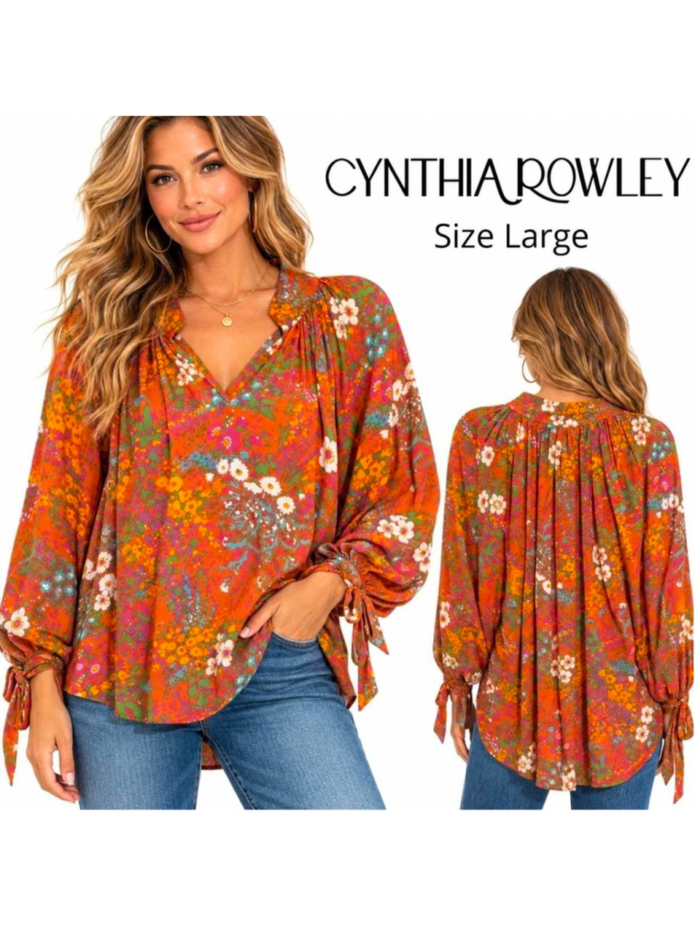 Cynthia Rowley Floral Boho Blouse Size Large NWT Tie Sleeve Top